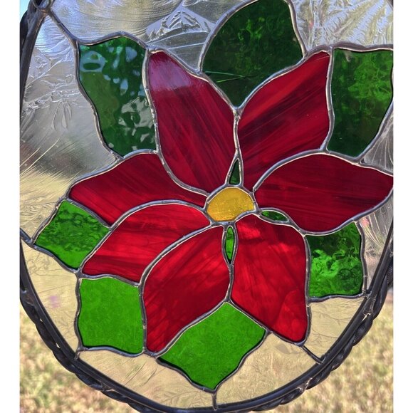 Poinsettia Christmas Floral Painted Suncatcher Oval 2-Loop Hanging Stained Glass - Picture 2 of 6